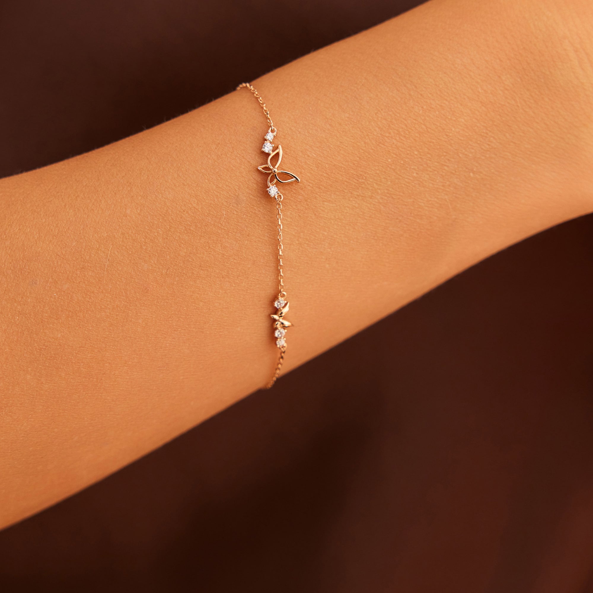 14 Ayar Rose Altın Taşlı Kelebek Bileklik