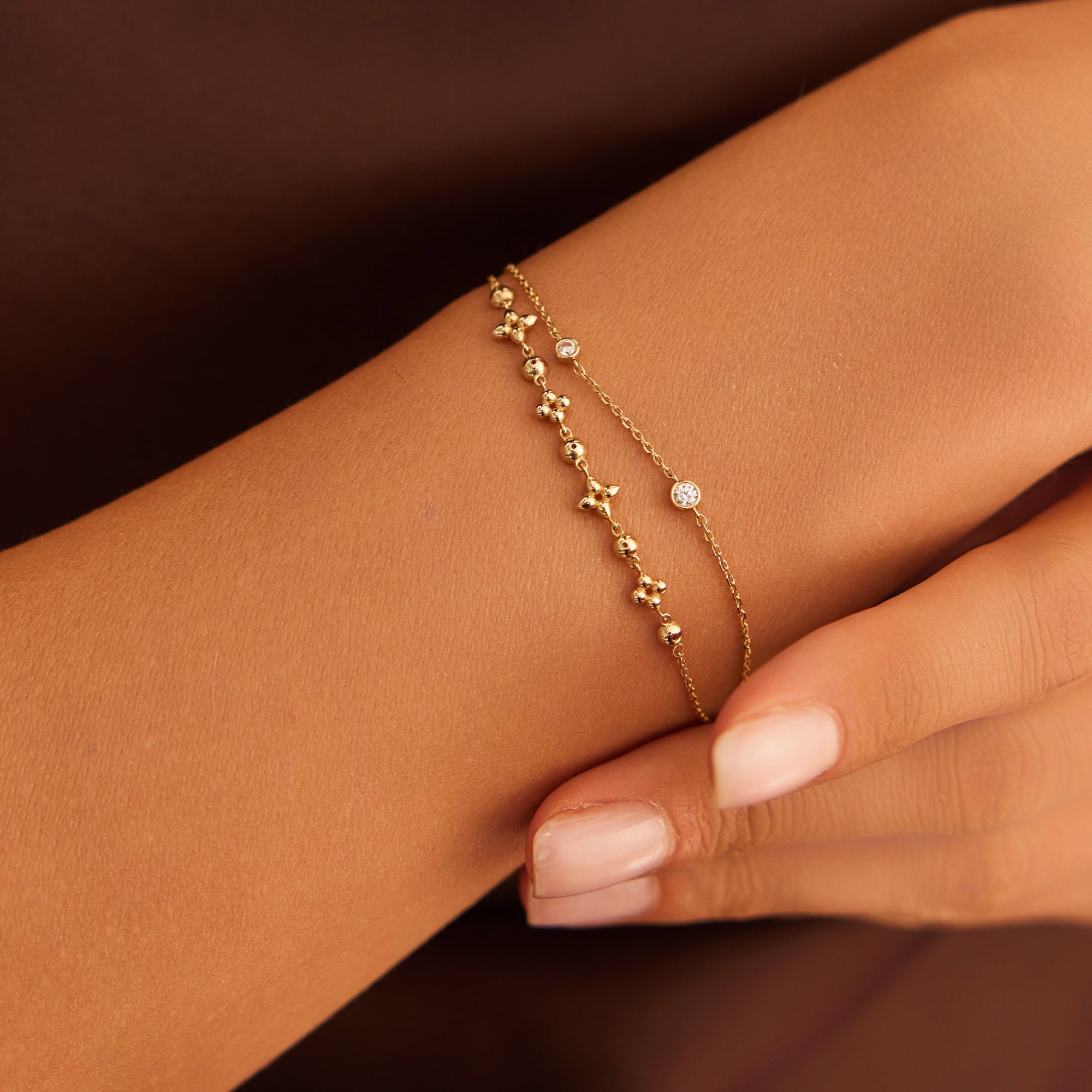 14 Ayar Rose Altın Taşlı Top Çiçekli Bileklik